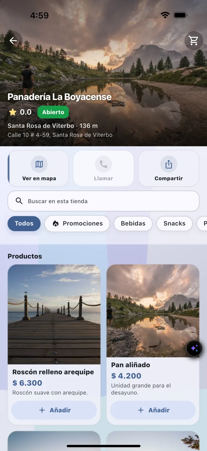 Pantalla de una tienda con sus productos en Catorce